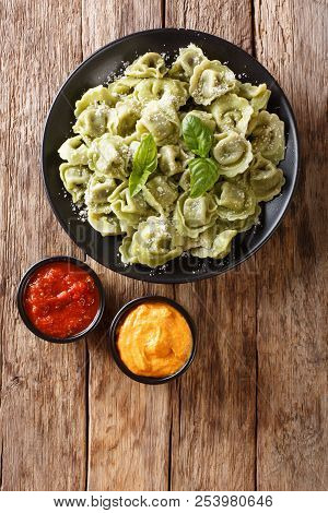 Boiled Spinach Green Cappelletti, Ravioli, Tortellini Stuffed With Meat With Parmesan Cheese And Bas