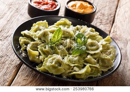Italian Cuisine Authentic Recipe Spinach Green Cappelletti, Ravioli, Tortellini With Meat And Parmes