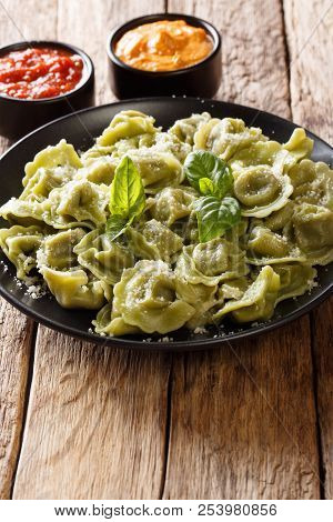 Boiled Spinach Green Cappelletti, Ravioli, Tortellini Stuffed With Meat With Parmesan Cheese And Bas