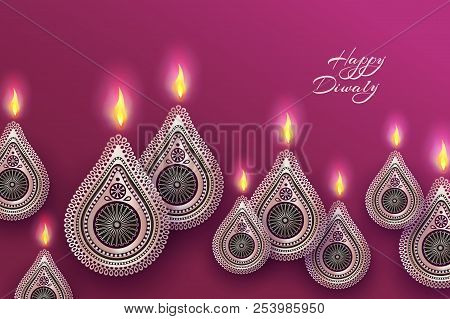 Diwali Festival Holiday Design With Golden National Lamps Diya In The Style Of Rangoli. Indian Natio