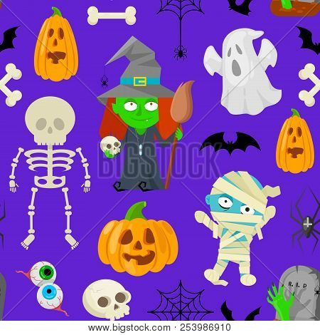 Seamless Patttern Of Cartoon Charachters For Halloween On Violet Background.