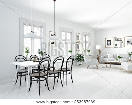 Modern Nordic Dining Room In Loft Apartment. 3d Rendering