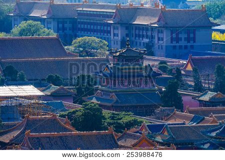 Hazy Blue Pavilion Ancient Theater Trees Forbidden City Beijing China