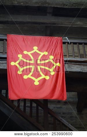 The Occitania Flag Hung On A Balcony.