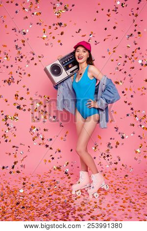 Stereo Player Style Trend Trendy Careless Person Rejoice Concept. Vertical Full Length Size Body Pho