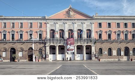 BARI, ITALY - JULY 07, 2018: on facade of Theater Piccinni, a poster with images of Pope Francesco and written on it: 