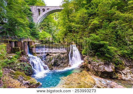 Vintgar Gorge Waterfall In Slovenia, Triglav National Park. Pure Fresh Water In Beautiful Nature And