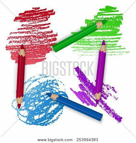 Realistic Set Of Colorful Pencils, Crayons With Brush Strokes Background, Back To School Art. Vector