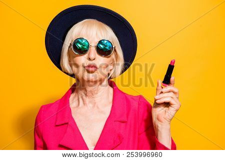 Grandmother Getting Ready For Date! Charming, Attractive Old Woman Holding Red Lipstick Pouting Lips