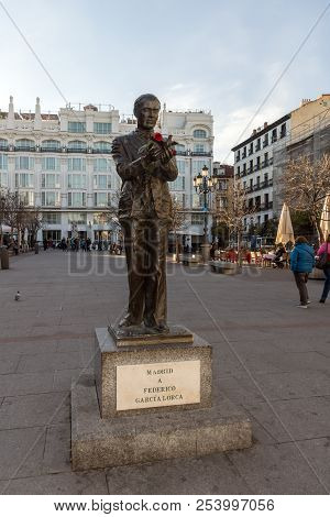 Madrid, Spain - January 23, 2018: Sunset View Of Monument Of Federico Garcia Lorca At Plaza Santa An