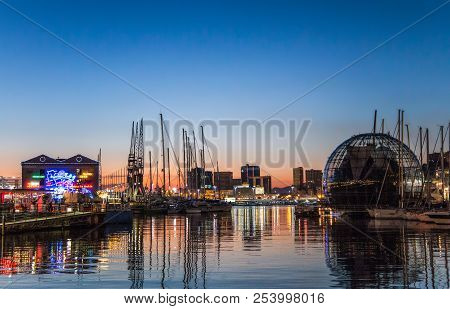 Genoa, Italy, December 8, 2015: Top View Of The Port Of Genoa, Italy, Europe/ Port/ Sea/ Harbur/ Cit