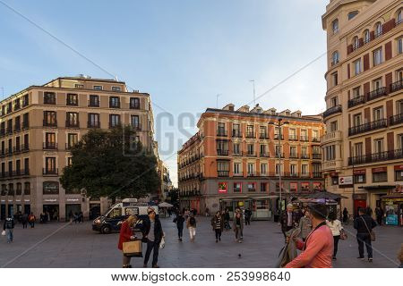 Madrid, Spain - January 23, 2018: Sunset View Of Walking People At Callao Square (plaza Del Callao) 