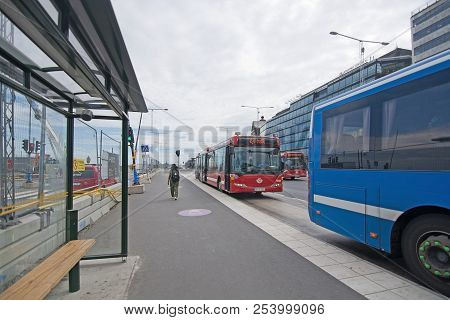 Stockholm, Sweden - July 11, 2018: Bus Station And Buses On Stadsgardskajen On July 11, 2018 In Stoc