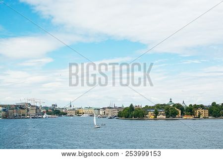 Stockholm, Sweden - July 11, 2018: Sailboat Outside Kastellholmen Across The Water On July 11, 2018 