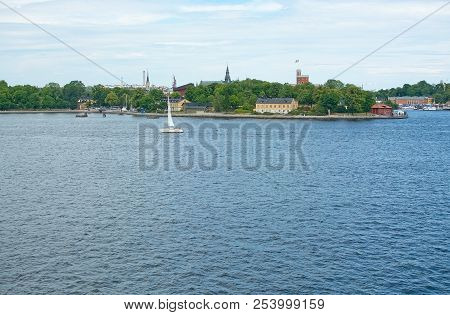 Stockholm, Sweden - July 11, 2018: Sailboat Outside Kastellholmen Across The Water On July 11, 2018 