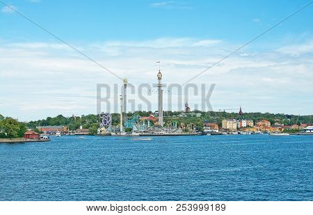 Stockholm, Sweden - July 11, 2018: Amusement Park Grona Lund With Carousels, Tour Rides And Swings A