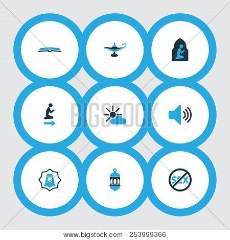 Holiday Icons Colored Set With No Sex, Human, Adhaan And Other Lantern Elements. Isolated  Illustrat