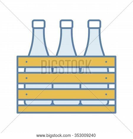Beer Case Color Icon. Wine Or Champagne Bottles In Wooden Crate. Milk Bottles In Wooden Box. Isolate