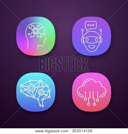 Artificial Intelligence App Icons Set. Ui Ux User Interface. Neural Network. Neurotechnology. Chat B