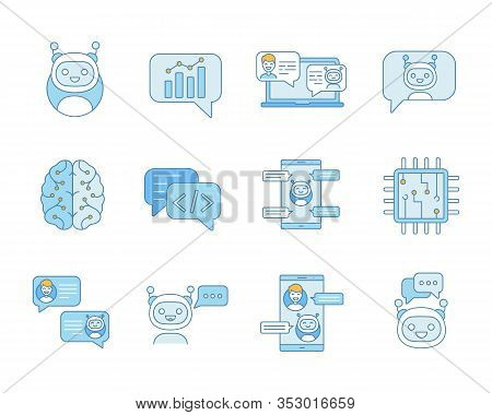 Chatbot Color Icons Set. Chat Bots. Talkbots. Virtual Assistants. Support, Chat, Code, Messenger Bot