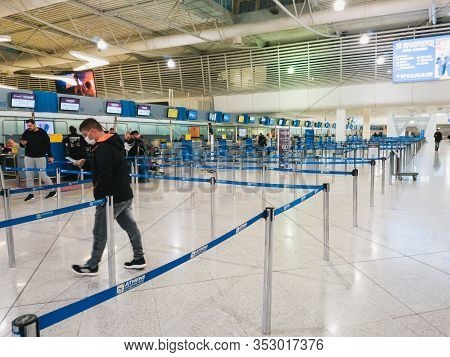 Athens, Greece - February, 11 2020: Athens International Airport Eleftherios Venizelos. Passengers I