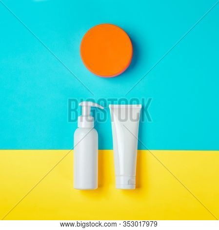 Sunprotection Products, Sanscreen. Minimal Concept Of Summer Vacation, Tanning. Natural Cosmetics, C