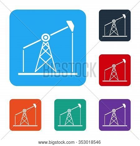 White Oil Pump Or Pump Jack Icon Isolated On White Background. Oil Rig. Set Icons In Color Square Bu