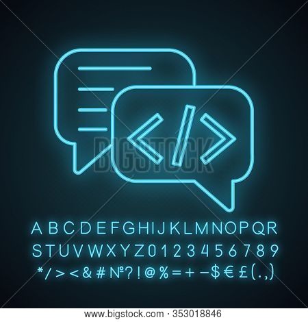 Chatbot Coding Neon Light Icon. Talkbot With Chip Insert. Codebot. Code Writing Virtual Assistant. O