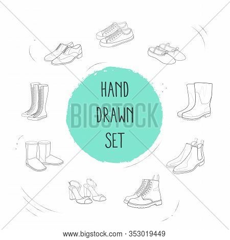 Set Of Shoe Types Icons Line Style Symbols With Dr Martens, Chelsea Boots, Shoes And Other Icons For