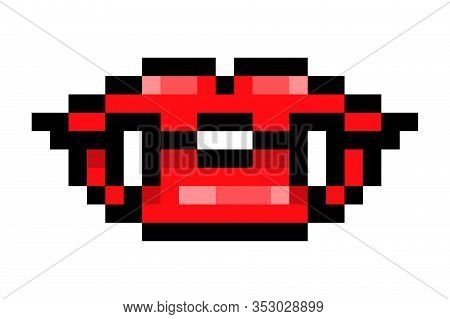 Red Vampire Lips With Long Fangs, Black Outline Pixel Art Icon Isolated On White Background. 8 Bit S