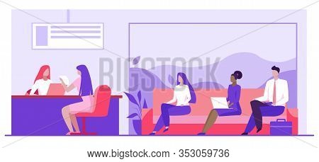 Bank Worker Providing Service To Customers. People In Bank Office Sitting In Line Flat Vector Illust