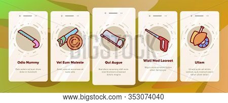 Saw Cutting Onboarding Icons Set Vector. Sharp Circular Blade Machine, Hand Saw, Cutter Tool With Te