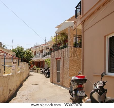 Afandou, Rhodes, Greece - February 28, 2020: A Street In The Village Of Afandou, Rhodes, Greece