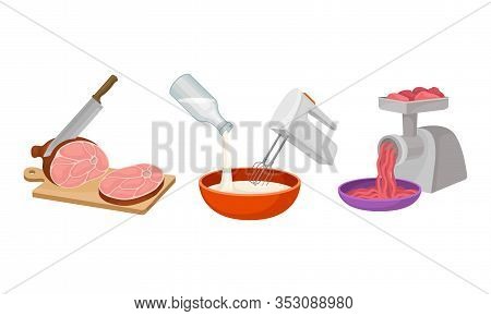 Cooking Process With Cutting Ham And Doing Forcemeat Vector Set