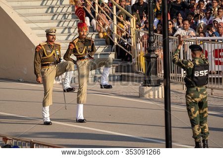 Attari, India - Febuary 8, 2020: Indian Border Security Force March Towards The Wagah Border And Do 