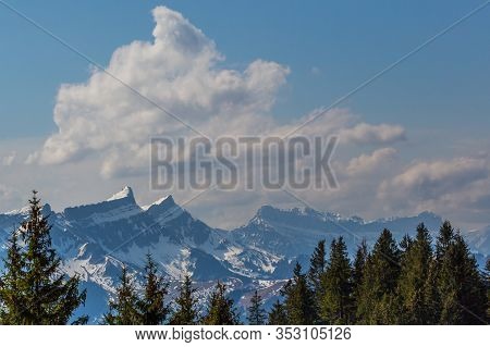 Snowcapped Schrattenfluh With Hengst And Hohgant Mountains In Switzerland, Blue Sky