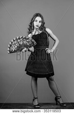 Theatre Performance Concept. Spanish Dance Attribute. Summer Fan Accessory. Retro Girl Use Fan. True