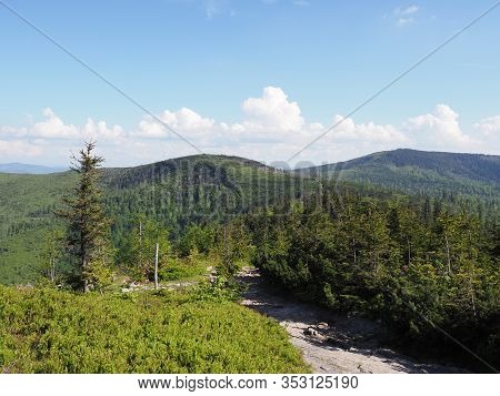 Path At Silesian Beskids Mountains Range Landscapes Near Salmopol Pass Above European City Of Szczyr