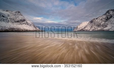Gulf, Bay, Sand Beach With A Huge Surf In Ersfjord In Sunset