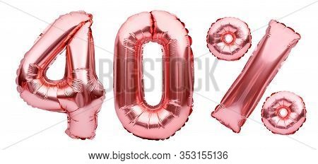 Rose Golden Fourty Percent Sign Made Of Inflatable Balloons Isolated On White.helium Balloons, Pink 