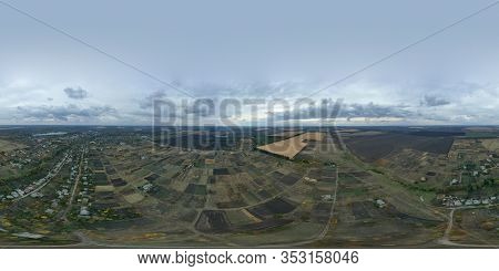 360-degree Panoramic Aerial View From Drone To Small Town In Ukraine