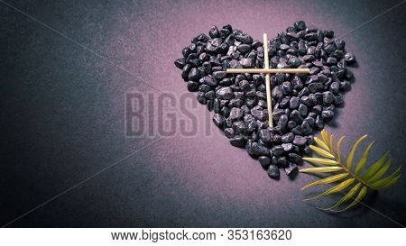 Lent Season,holy Week And Good Friday Concepts - Image Of Wooden Cross With Stones And Palm Leave In