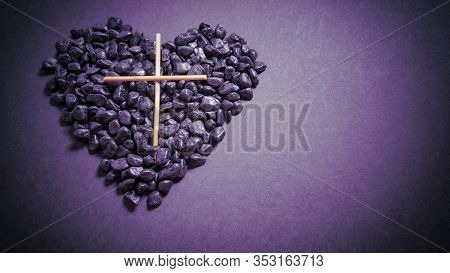 Lent Season,holy Week And Good Friday Concepts - Photo Of Wooden Cross And Stones In Purple Vintage 