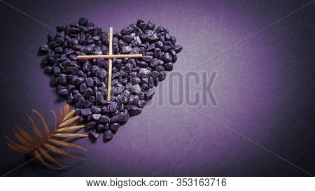Lent Season,holy Week And Good Friday Concepts - Photo Of Wooden Cross With Stones And Palm Leave In