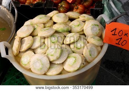 Fresh Green Hearts Of Artichokes For Sale In The Greengrocer Stall At The Market