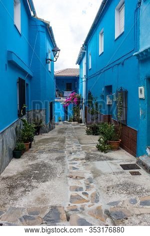 Juzcar In Ronda, The Smurf Village, Famous Village Of Andalucia Where The Movie Was Produced.