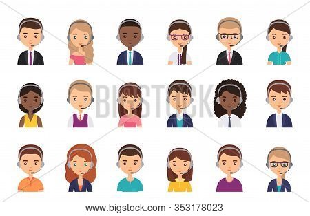 Call Center Operator In Headset. Vector. Service Agent Customer Avatar. Icon Support Manager In Head