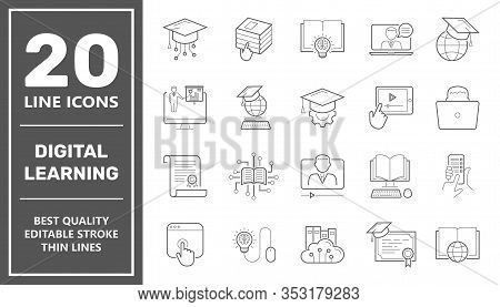 E-learning, Digital Learning. Online Education Elements Thin Line Web Icon Set. Outline Icons Collec