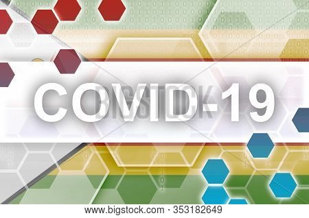 Zimbabwe Flag And Futuristic Digital Abstract Composition With Covid-19 Inscription. Coronavirus Out