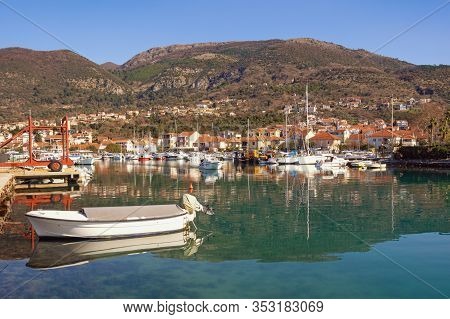 Beautiful Mediterranean Landscape With Small Harbor For Fishing Boats.  Montenegro, Adriatic Sea, Ba